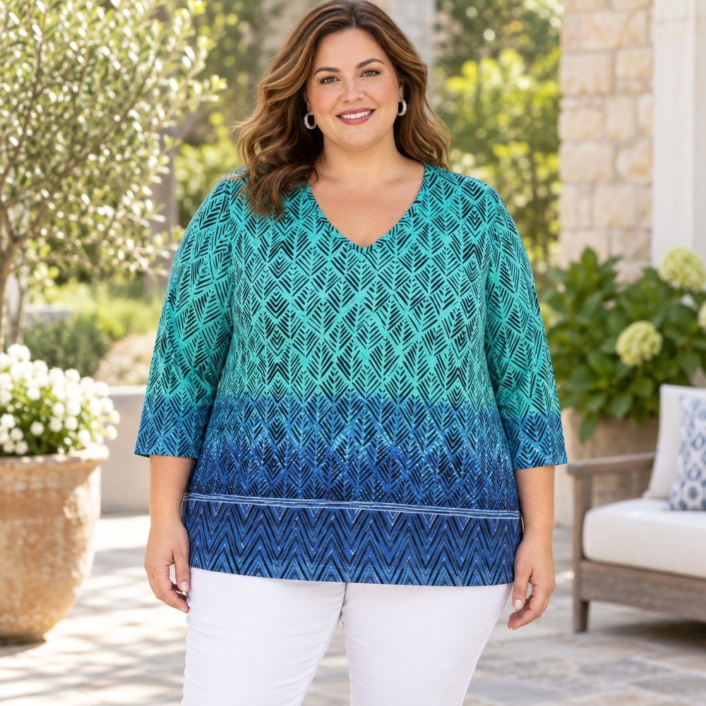 Ulla Popken 24/26 Turquoise Blue Ombre Geometric V Neck Tunic Top Plus Size